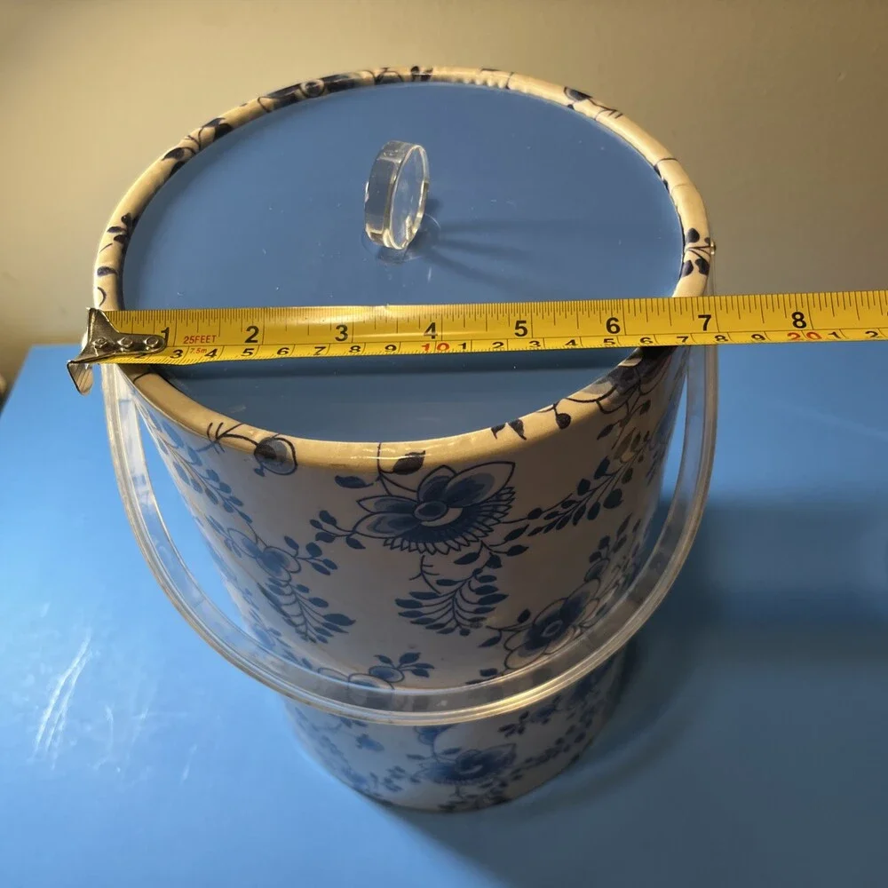 Vintage Tall White & Blue Floral Ice Bucket , Delft Blue
